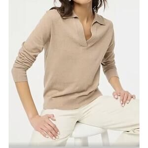 J.Crew Cashmere Blend Polo Sweater WMNS S Tan BJ857 Long Sleeve V-neck Collared